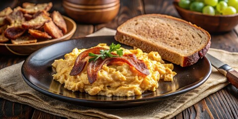 A golden-brown plate filled with fluffy scrambled eggs, crispy bacon, and toasted whole-grain bread, set against a warm and cozy breakfast table background , morning, bacon