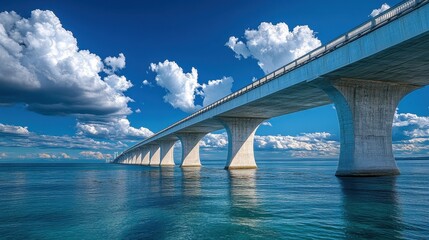 A long bridge over the ocean under a blue sky