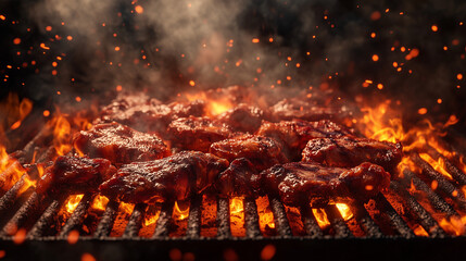 National Asado Festival Banner with 3D background of a large grill full of cooked asado meat, smoke billowing in the air and glowing embers