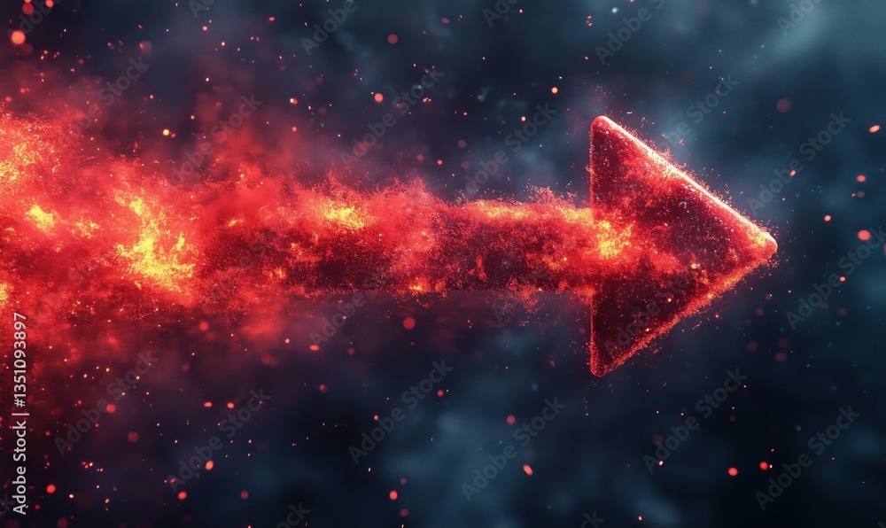Poster fiery arrow symbolizing direction and movement with vibrant red and orange particles