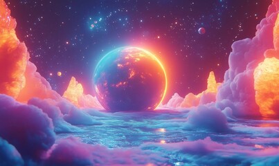 Vibrant cosmic landscape with glowing planet and colorful clouds in space