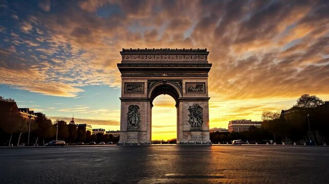 The Arc de Triomphe stands majestically under a golden afternoon sky in Paris, surrounded by autumn trees, capturing the essence of the city's beauty and rich history