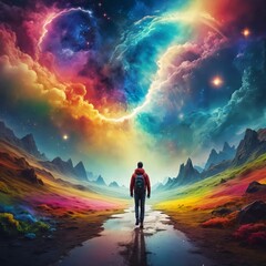Fototapeta premium Man Walking Towards a Vibrant, Celestial Landscape