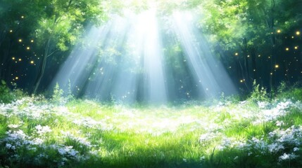 Obraz premium Enchanted forest meadow, sunlight rays, glowing flowers. Lush greenery, tranquil ambiance, magical feel
