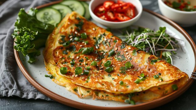 Vietnamese bnh xo savory crepe folded filled served on white plate clean background