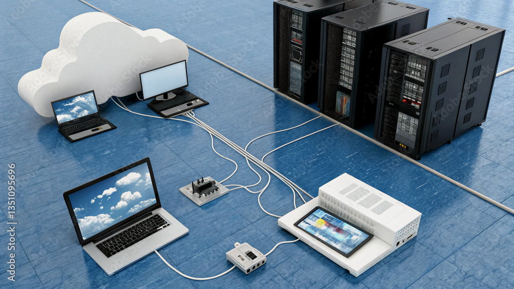 Aufkleber cloud computing network with servers and laptops