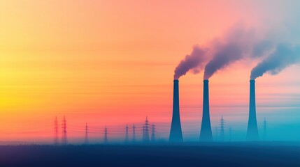 Obraz premium Industrial Landscape Featuring Smokestacks Against a Colorful Sunset