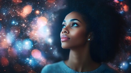 A young woman with big hair gazes upward at a vibrant cosmic nebula filled with sparkling stars and galaxies.