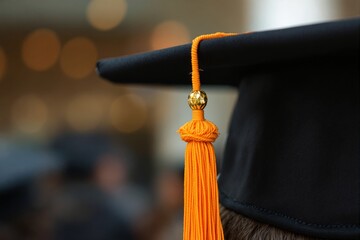 Graduation cap with orange tassel in close-up view, set against a blurred background with warm lighting. Concept of education, success, and achievement. Ai generative