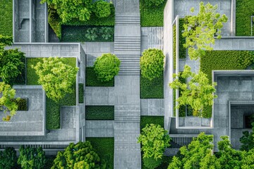 Aerial view of a modern garden maze with lush greenery and stone pathways, showcasing nature's harmony