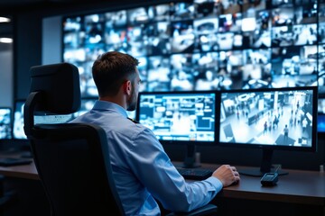 Man in uniform watching CCTV footage on multiple screens in a security control room, with a high-tech background. Concept of surveillance and safety. Ai generative