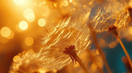 Golden dandelion seeds in warm sunlight
