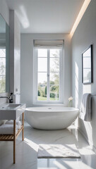 Scandinavian serenity — clean lines, soft light, and minimal charm in a calming bath retreat.