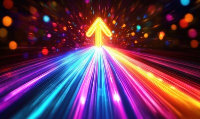 Colorful neon arrow pointing upwards with vibrant light trails and bokeh effects