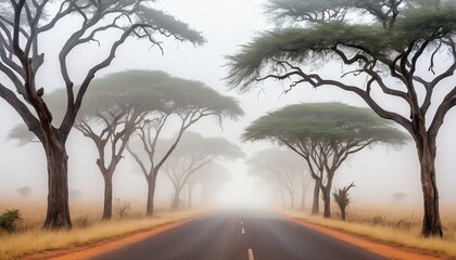 Fototapeta premium Misty Morning Road Through African Savanna