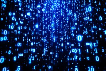Glowing blue binary code digits cascading in a futuristic digital space, creating a high-tech background concept of programming, data, and cybersecurity. Ai generative