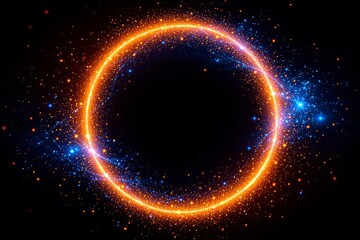 Obraz premium Glowing circular energy ring with golden and blue sparkling particles on a dark background. Futuristic cosmic design concept. Ai generative