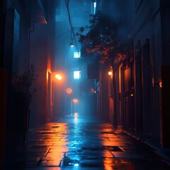 Neon-lit alleyway at night, fog, city buildings, street lamps.  Use  Background, wallpaper