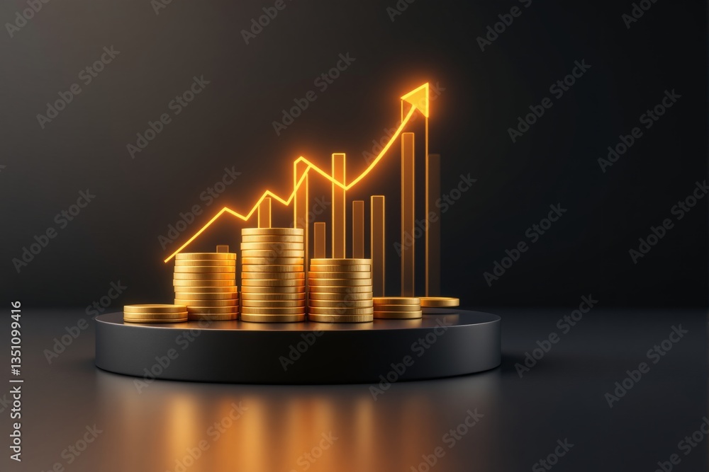 Poster stacks of gold coins on a round platform with a glowing financial growth chart in the background, sy