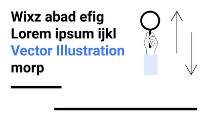Hand holding magnifying glass, abstract arrows, horizontal lines, and placeholder-style text. Ideal for information search, research, analysis, exploration, education themes and simple landing page