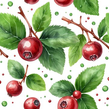 Watercolor Seamless Pattern of Cranberries with Leaves