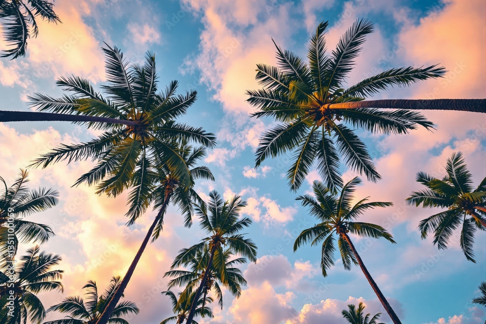 Poster tall palm trees reaching towards a colorful sky with soft clouds at sunset, creating a tropical back