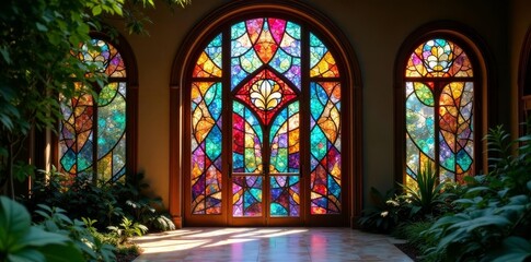 Obraz premium Colorful stained glass window with abstract patterns in serene garden setting, tranquil, patterns, stained glass