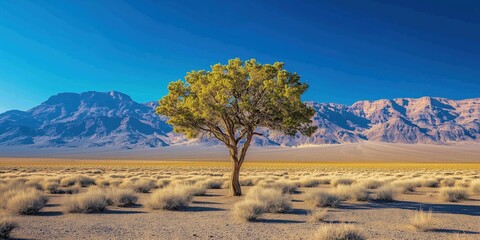 Lone tree in desert landscape with mountains under clear blue sky