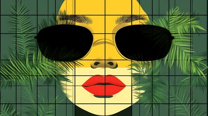 Tropical Fashion Face with Sunglasses, and Grid.