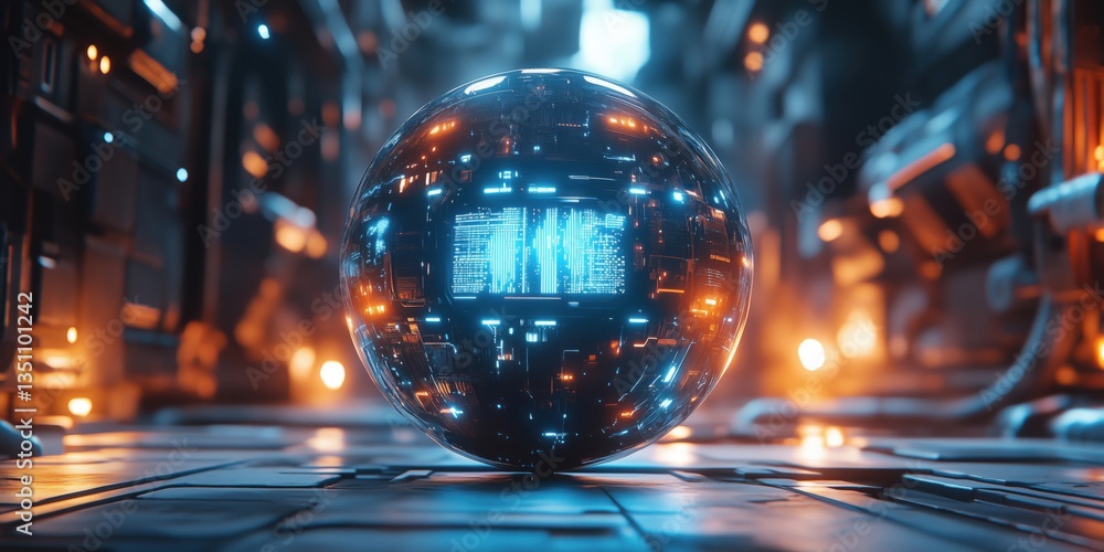 Poster futuristic glowing sphere with digital patterns in sci-fi environment
