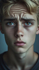 A close-up portrait shows a young man with light hair and a furrowed brow, looking directly at the viewer with a serious expression.