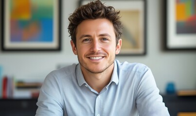 Obraz premium Smiling young man in casual shirt with modern office background and artwork