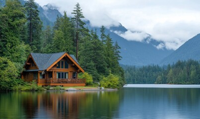 Naklejka premium Scenic log cabin by tranquil lake surrounded by lush mountains and forest