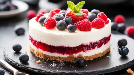 Delicious mixed berry cheesecake with creamy layers and fresh mint garnish