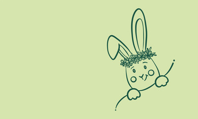 Cute vector line art Easter rabbit or bunny vector illustration, minimalist blank green greeting template design