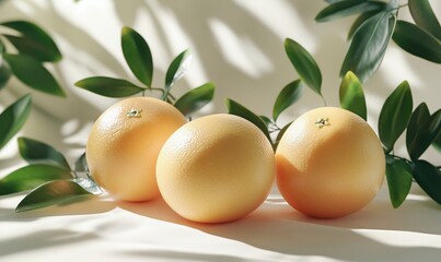 Fresh yellow grapefruits arranged with green leaves on soft background