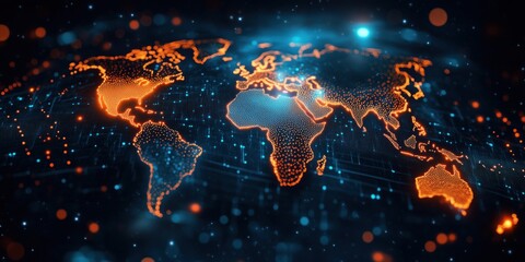 Digital world map with glowing orange dots and blue background representing global connectivity