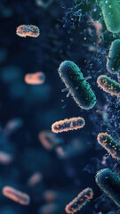 Obraz premium Phone wallpaper featuring glowing teal bacteria with fine surface detail, suspended in a dark environment with scattered light and motion.