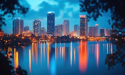 Fototapeta premium Orlando skyline at dusk with reflections on Lake Eola and vibrant city lights