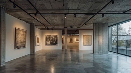 Naklejka premium Modern art gallery interior showcasing abstract paintings with natural light streaming in
