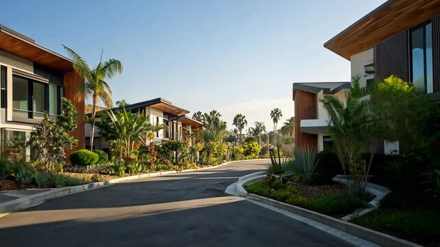 Modern residences with exquisite landscaping under the morning light
