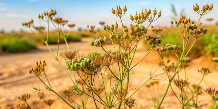Unripened cumin plants in an Egyptian field with dry brown leaves and green stems growing in sandy soil , sand, unripe,  sand, unripe