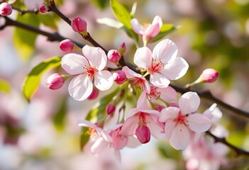 Delicate pink and white plum blossoms on a branch, soft spring light, photography, growth