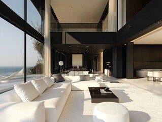 Modern luxury beachfront villa living room with panoramic ocean views