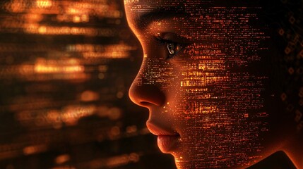 Profile of a Young Girl with Digital Binary Code Overlay Effect