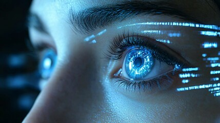 Close-up of Futuristic Human Eye with Blue Digital Elements