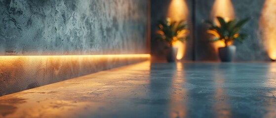 Fototapeta premium Modern interior with textured walls, ambient lighting, and potted plants creating a serene atmosphere