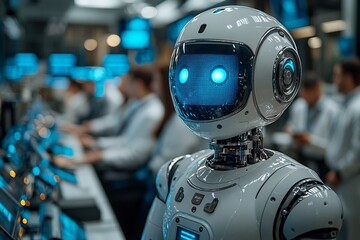 Fototapeta premium Futuristic Robot with LED Eyes in Modern Office Environment