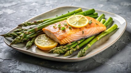Freshly baked salmon fillet served atop a bed of steamed asparagus spears against a soft gray background, healthy