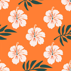 Tropical hibiscus floral pattern with orange background. Seamless pattern with florals for fabric, textiles, clothing, wrapping paper. Vector illustration